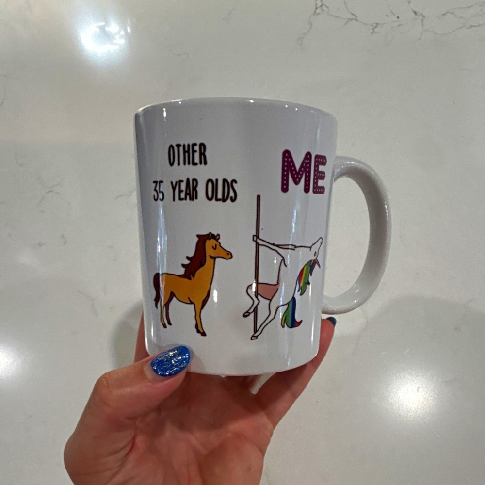 White Ceramic 11 fl oz Novelty Mug "Other 35 Year Olds" Horse & Unicorn